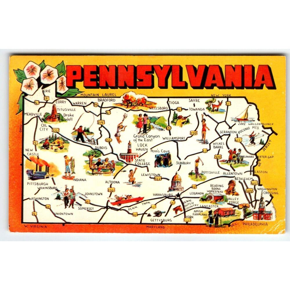 Greetings From Pennsylvania Map Postcard Sooner State Postcard Chrome 1984